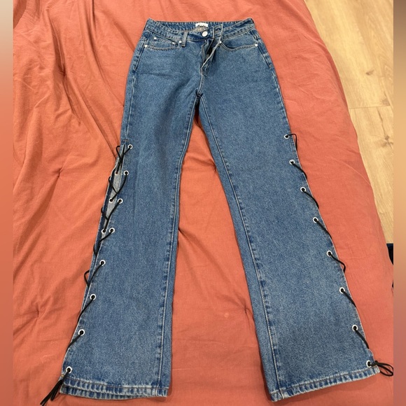 superdown Blue Lace-Up Straight Leg Jeans - Picture 3 of 5
